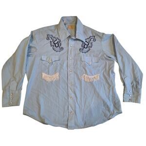 Vtg 70s JCPenney Western Fringe Pearl Snap Shirt Men’s L Chainstitch Horse Shoe